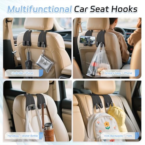 Car Seat Headrest Hooks - 2 Pack Universal Car Purse Hook, Leather Car Bag Purse Holder with Double Metal Hooks for Handbags, Grocery Bags, Bottles, Phones - color: Black