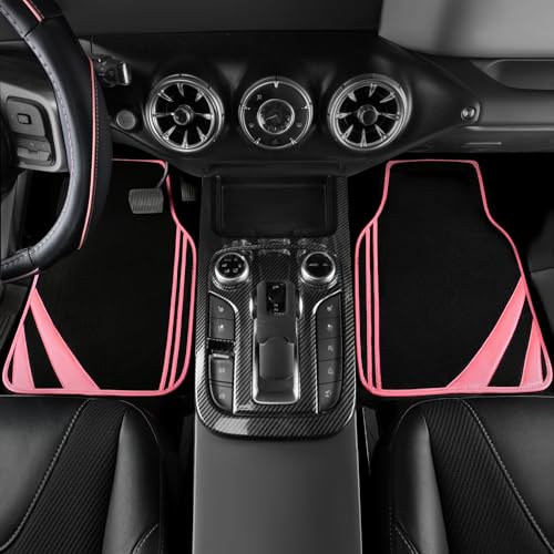 CAR PASS Car Seat Covers Full Set for Women Girls with Waterproof Car Floor Mats,Anti-Slip Leather Steering Wheel Cover,Universal Fit for SUVs,Vans,Trucks,Sedans,Cars (Combo Set,Black & Pink) - color: Black & Pink