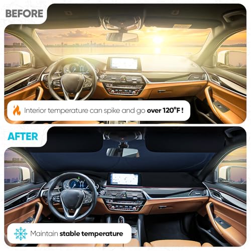 FORTEM Car Sun Shade for Windshield, Reflective Windshield Sunshade, 240T Polyester, Automotive Interior Sun Protection, Ultimate Heat and UV Shield, Foldable, Storage Bag - size: Medium (62" x 30")