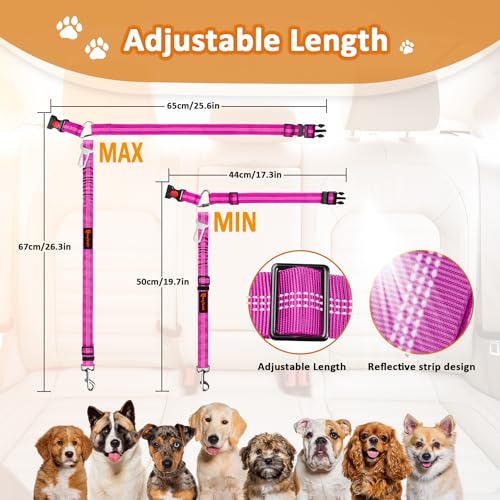 Removable Dog Seat Belt Harness for Car, 3 in 1 Pet Dog Car Seatbelt Leash, Retractable Restraint Secures to Vehicle Headrest & Adjustable Reflective Bungee Dog Seatbelt Tether, Rose - color: 2PCS Rose