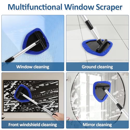 Windshield Cleaning Tool, Car Window Cleaner with Extendable Long Handle and 4 Washable Reusable Microfiber Pads and Spray Bottle, Auto Interior Exterior Glass Wiper Kit Supplies (Blue) - color: Blue