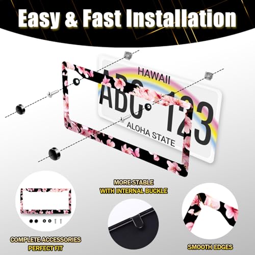 Cherry Blossoms License Plate Frame Beautiful Pink Flowers License Plate Holders Floral Stainless Steel Car Bracket 2 Holes with Screws Universal Auto Accessory License Plate Frames 6.2x12.2 Inch - color: Pink Cherry blossom Flowers Floral