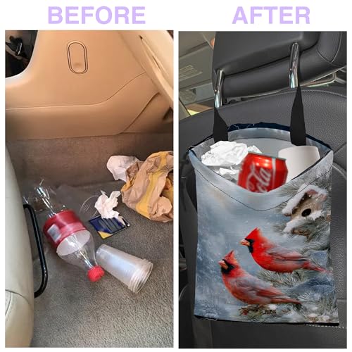 Car Trash Bag Hanging Winter Cardinal Car Trash Can for Back Seat Waterproof Car Garbage Can with Adjustable Straps and Drawstring for Car Accessories Vehicle Travelling Camping - color: Winter Cardinal
