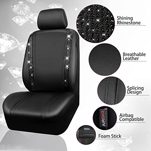 CAR PASS Leather Bling Diamond Car Seat Covers Full Set, Shining Rhinestone Waterproof Durable Rear with Zipper, Universal Fit Automotive Glitter Crystal Sparkle Strip for Cute Women Girly Black - color: Black Diamond, size: Full Set