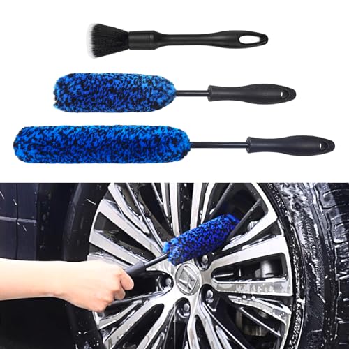 3PCS Wheel Brush Kit for Cleaning Wheel and Tire, Wheel and Rim Brush, Car Detailing Brushes, Bendable & Durable Car Wheel Rim Cleaner Brush Set,Car Detailing Cleaning Brush Supplies Kit - color: Blue