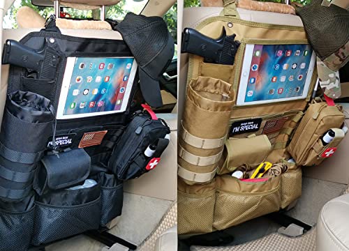 Upgrade Tactical Seat Back Organizer Molle Car Seat Organizer with 4 Detachable Pouches: Trauma Medical Pouch, Water Bottle Pouch, Vehicle Protector Organizers (Modern B TAN) - style: Modern B Red