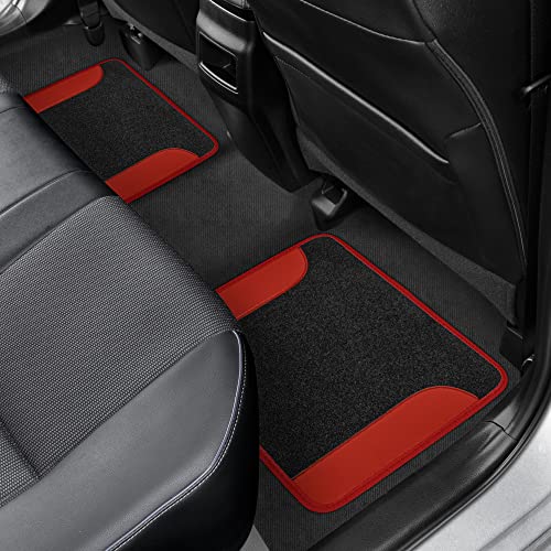 BDK Carpet Floor Mats for Cars, Two-Tone Carpet Car Mat with Faux Leather Accents, Automotive Floor Mat Sets with Built-in Heel Pad, Stylish Interior Car Accessories Red