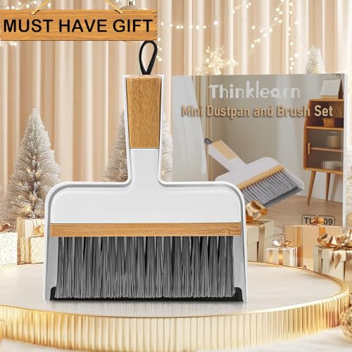 THINKLEARN Mini Dustpan and Brush Set, Portable Broom and Dustpan Combo Set with Bamboo Handle and Soft Rubber Lip, Compact Cleaning Tool for Kids, Car, Desk, Pet, Camping