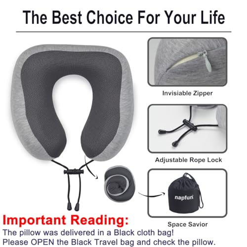 napfun Neck Pillow for Travel with Travel Pouch, Sleep Mask & Earplugs, Memory Foam Airplane Pillow for Headrest Sleep with Eyeshades, Plane Essentials with Eye Blindfold, Light Gray Kit - color: Light Gray Kit