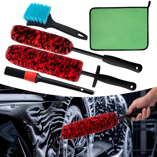 5 Pack Car Wheel and Tire Cleaner Brushes Kit Auto Motorcycle Rim Ultra Soft Microfiber No Spatter Bendable Woolies Bristle Cleaning Set (Red & Black) - color: Red & Black