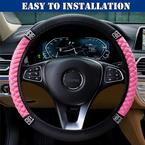 Soft Leather Car Steering Wheel Cover, Universal 15 Inch Colorful Rhinestones Anti-Slip Elastic Steering Wheel Covers for Most Cars, Sparkly Crystal Diamond for Women Girls (Pink) - color: Pink