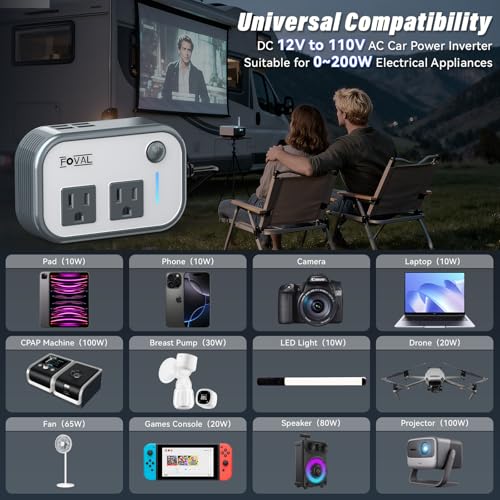 200W Car Power Inverter, FOVAL 12V DC to 110V AC Car Inverte with 4 USB Ports Car Outlet Adapter, Power Inverter for Vehicles, Car Plug Adapter Outlet for Laptop Computer Charger (Gray) - color: Grey
