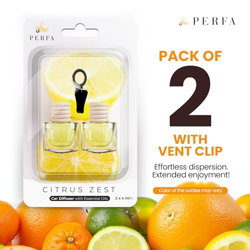 Citrus Lemon Car Air Freshener | Hanging Car Freshener with Vent Clip | Long Lasting Diffuser, Slow-Release Aroma Technology, Adjustable Scent Intensity | Premium Scented Interior Perfume by Perfa