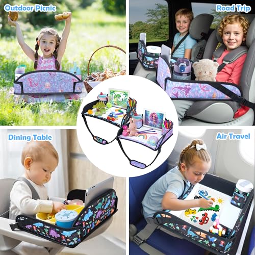 2Pcs Kids Travel Tray for Toddler Carseat, Road Trip Activities Essentials for Toddler, Kids Lap Desk Tray with Tablet Holder Stand & Dry Erase Board (Dinosaur & Mermaid) - color: Dinosaur & Mermaid