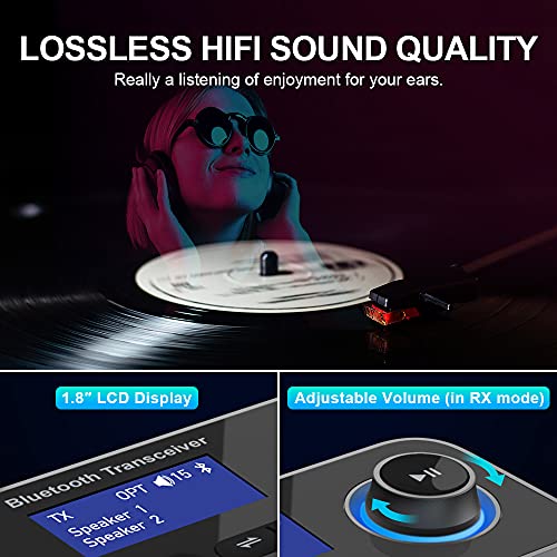 Bluetooth 5.3 Transmitter Receiver for 2 Headphones 3-in-1 Audio Adapter with Bypass Low Latency LCD Display ON/OFF Switch Volume Control Optical AUX RCA for Headphone Speaker TV Home Stereo - color: Black Grey