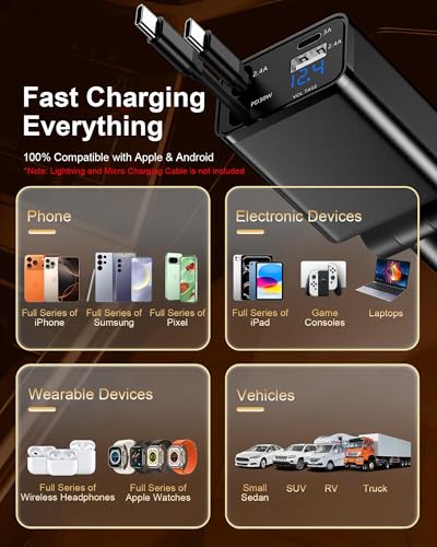 Retractable Car Phone Charger for Samsung S26 S25 Android, 4 in 1 Fast USB C Car Charging Adapter with 2 Flexible USB C Cable, USBC Cigarette Lighter Gift for Men Car Gadgets Electronics Accessories - color: Reatractable Car Charger-Black
