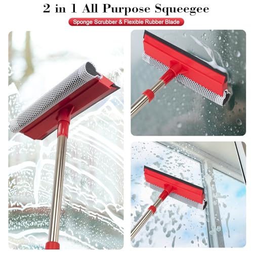 Window Squeegee with 15.7"-27.5" Retractable Stainless Steel Handle, 2-in-1 Windshield Cleaner Tool for Cars, Trucks, Glass Doors, Shower Glass, Outdoor Windows – Window Cleaner (Red)