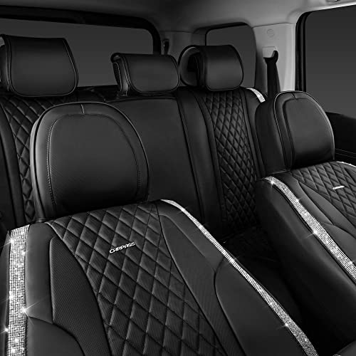 CAR PASS Bling Leather Car Seat Covers & Black Nappa Leather Calfskin Seat Cushioned Protector, Waterproof Anti-Slip Universal Fit SUV Truck Sedan, Glitter Sparkly Shining Rhinestone, Silver Diamond - color: Black and Silver Diamond, size: Full Set