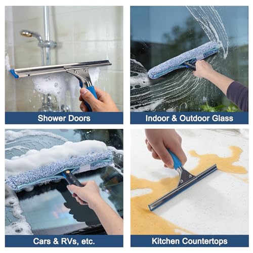 Professional Window Cleaning Kit, 14" Rubber Squeegee with 15" Microfiber Scrubber, Window Cleaning Tool for Home, Window Washing Equipment Commercial & Household Use