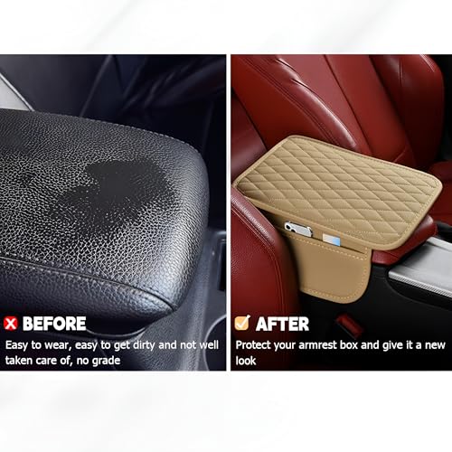 Car Center Console Cover, Leather Vehicle Armrest Seat Box Cushion Pad with Storage Bags, Waterproof Automotive Middle Console Protector, Universal for SUV RV Truck (Beige) - color: Beige