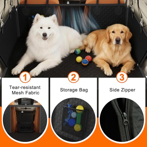 Dog Car Seat Cover with PU Leather Updated,Hard Bottom & Mesh Window, Waterproof Dog Car Seat Cover for Back Seat, Cat-Scratch Resistant Fabric,Backseat Cover for Dogs for Car SUV and Trucks