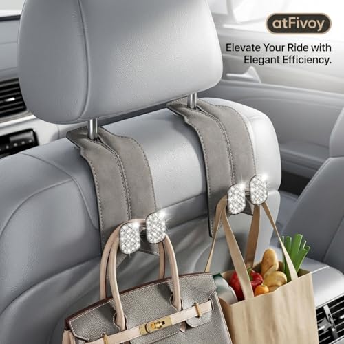 2Pcs Bling Car Headrest Hooks, Premium Leather & Sparkling Rhinestone Dual Metal Hooks, Back Seat Organizer for Bags, Coats, Purses and Groceries (Crystal Gray) - color: Crystal Gray 2Pcs
