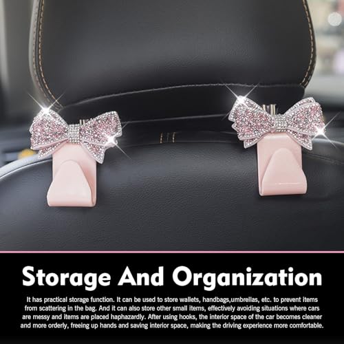 2 PCS Bling Car Seat Headrest Hooks, Crystal Rhinestone Bow Vehicle Hooks for Purses and Bags, Automotive Purse Hook Hanger, Universal Diamond Car Rear Seat Organizer (Pink) - color: Pink