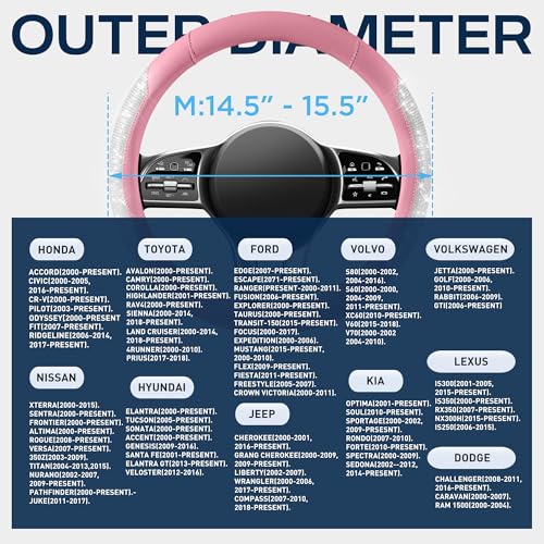 PIC AUTO Steering Wheel Cover, Sparkly Crystal Bling Glitter with Pink Leather, Universal Fit 14.5"-15.5" Car Steering Wheels for Girls & Women, Breathable Anti-Slip Steering Wheels Cover - color: Pink