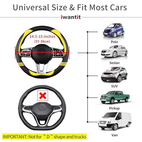 Iwantit® Steering Wheel Covers with Leather and Anti-Slip Rubber Ring, Universal Fit 14.5-15 inches for Cars,SUV (Yellow/Black) - color: 006-Yellow/black