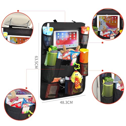 Backseat Car Organizer, 2 Pack Kick Mats Back Seat Protector with Touch Screen Tablet Holder, 9 Storage Pockets for Travel Accessories & Toys, Waterproof & Easy-Clean Black Protector