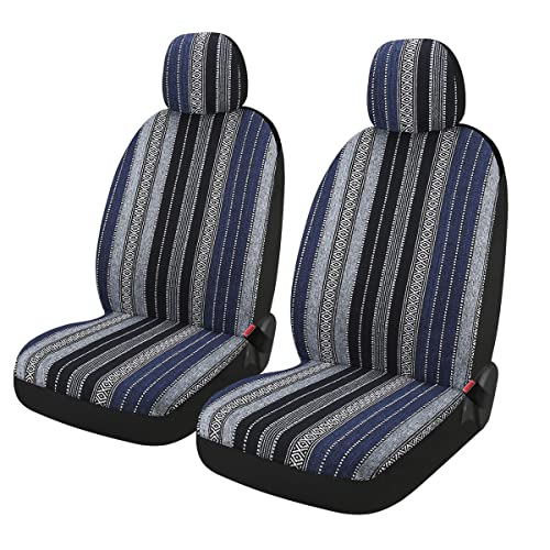 Baja Saddle Blanket Car Seat Covers 4PCS Front, Breathable and Washable Striped Woven Automotive Vehicle Universal Seat Cover for Sedan, SUV, Truck, Airbag Compatible - color: Blue Baja, size: Front