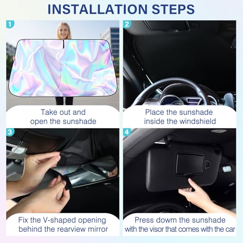 Iridescent Sun Shade for Car Windshield, Foldable Universal Car Windshield Upgrade Sunshade Enhanced UV Rays Reflective Sun Visor Shade Keeps Vehicle Cool - color: Silver- Colorful, 57"x31.5"