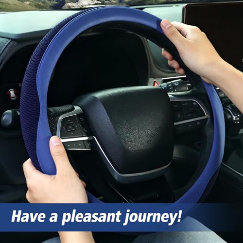 ZHOL Blue Steering Wheel Cover,Nappa Faux Leather with Comfort Grip,Non-Slip Breathable Universal Car Accessory for 15 Inch Steering Wheel - color: Blue