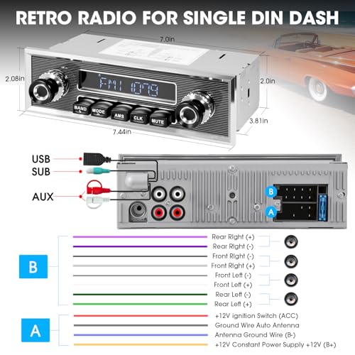 Retro Car Radio Receiver with Bluetooth: Single Din Vintage Stereo for Classic Vehicles - AM FM USB AUX Preset EQ Subwoofer Output