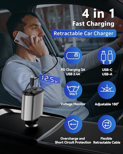 Retractable Car Charger, 4 in 1 Fast Charging Car Charger USB-C & USB-A Compatible with iPhone 16/15/14/13/12/11/X,Galaxy,Pixel - color: grey(standard gray)