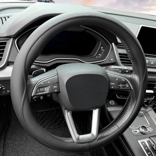 HAOTULE Leather Steering Wheel Cover, with Anti-Slip Stripe Design - Enhanced Grip, Fashion Style, Safe, Non-Slip, Breathable. Upgrade car Interior,Black - color: Black