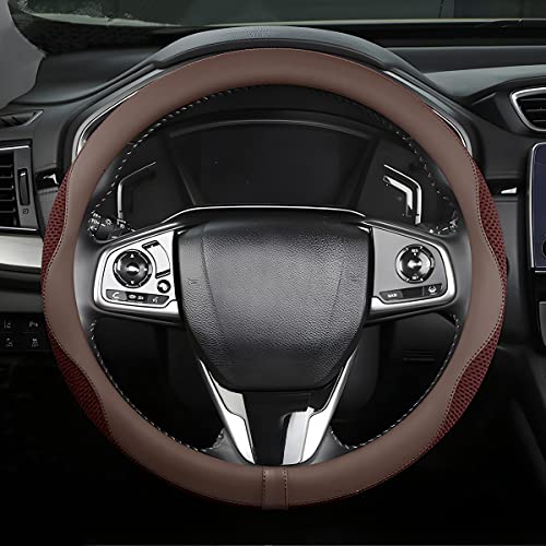 Car Steering Wheel Cover, Microfiber Breathable Ice Silk Leather Steering Wheel Cover Soft Anti-Slip Safety, 15inch Four Season Universal Fits for Most Truck,SUV,Cars (Coffee) - color: Coffee