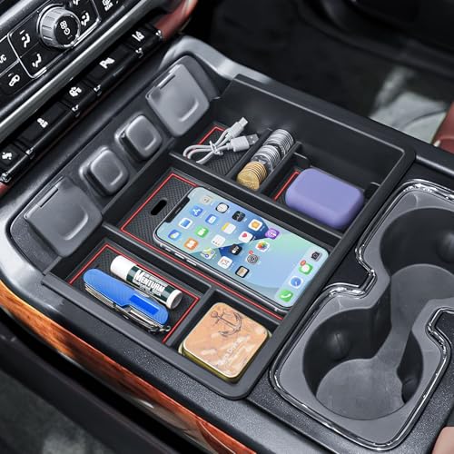 EDBETOS Console Organizer Compatible with 2014-2018 Chevy Silverado/GMC Sierra 1500 and 2015-2019 Silverado/Sierra 2500HD/3500HD Accessories Compartment Insert Tray - Full Console w/Bucket Seats ONLY - color: Red Trim