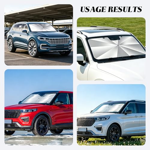 Windshield Sun Shade Umbrella, Foldable Car Sunshade, Ice Crystal Cooling Coating Car Sunshade & Heat Shield, UPF 50+ UV Protection, Spring-Enhanced Frame for Most Sedans SUVs (55"x31")