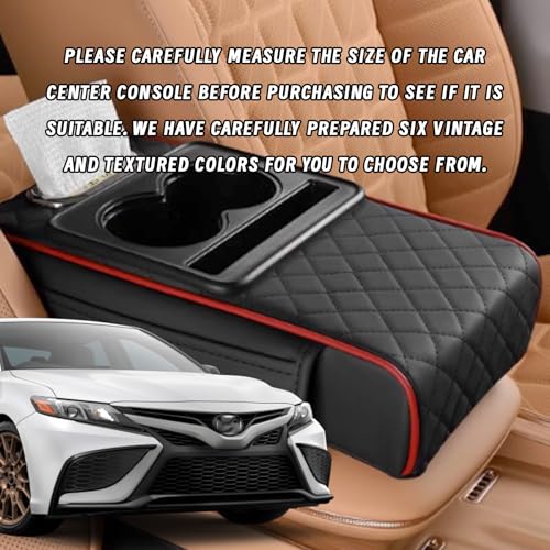 Car Armrest Cushion, 5 in 1 Center Console Cover with 2 Cup Holders, Phone Holder, Tissue Holder, Storage Bag, Multifunctional Leather Heightened Car Armrest Cushion for Most Cars - color: Black&Red