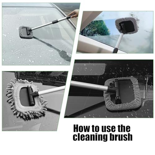 Car Windshield Cleaning Tool, Vehicle Window Cleaner with 3 Reusable Pads & Extendable Handle, Automotive Glass Wiper Wash Kit for Interior Exterior, Universal for Vehicles (Rectangular) - size: Rectangular