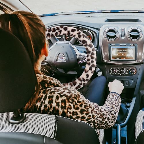 Fuzzy Steering Wheel Cover for Women Girls, Accmor Universal Fit 15 inch Fur Car Wheel Cover & Handbrake Cover & Gear Shift Cover Set, Fashion Leopard Winter Warm Fluffy Vehicle Wheel Protector - color: Beige/Dark Brown Leopard