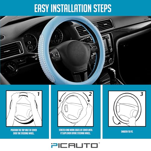 PIC AUTO Steering Wheel Cover, Glitter Gel Particles & Blue Luxury Leather Car Steering Cover, Universal Fit 14.5"-15.5" Anti-Slip Car Wheels Cover for Girls & Women - color: Blue