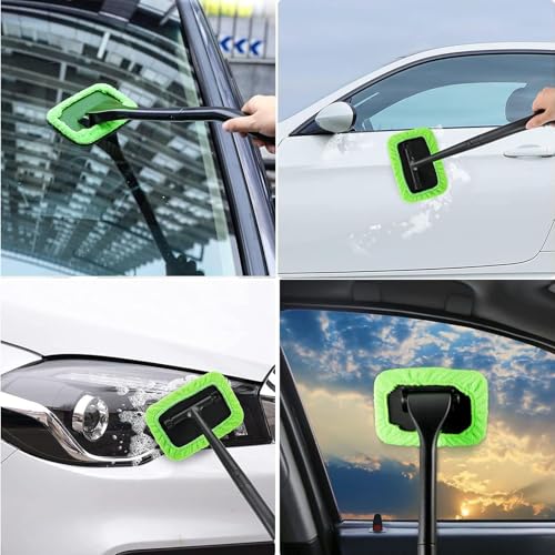 desin Car Windshield Cleaning Tool, Windshield Cleaner with 5 Washable and Reusable Microfiber Pads and Extendable Handle, for Auto Glass Wiper (Green) - color: Green