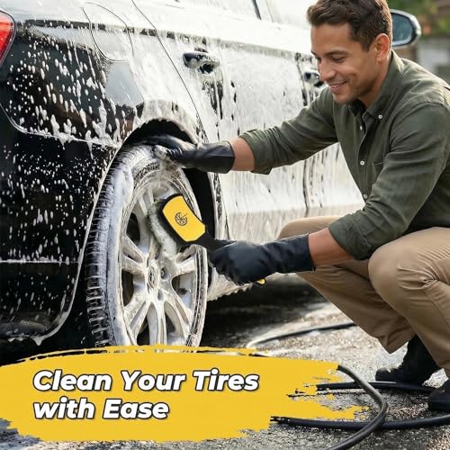 Wheel and Tire Brush Detailing Kit, Soft Rim Brush & Stiff Tire Brush with Silicone Bumper Guard, Non-Slip Ergonomic Handle Car Wash Set for Alloy Wheels, Fenders, Mats - color: black yellow