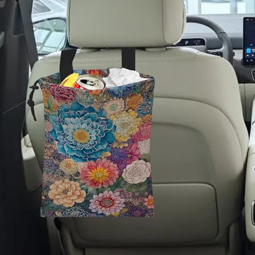 Car Trash Bag Hanging Blooming Flowers Car Trash Can Waterproof Garbage Bag Hanging for Car Back Seat - color: Blooming Flowers