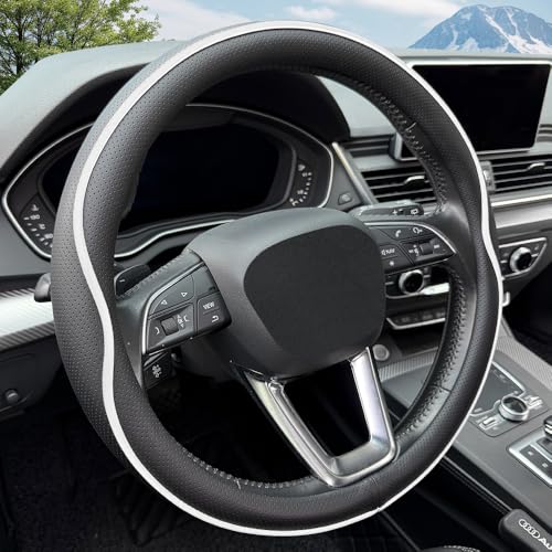 HAOTULE Leather Steering Wheel Cover, with Anti-Slip Stripe Design - Enhanced Grip, Fashion Style, Safe, Non-Slip, Breathable. Upgrade car Interior,Black White - color: Black White