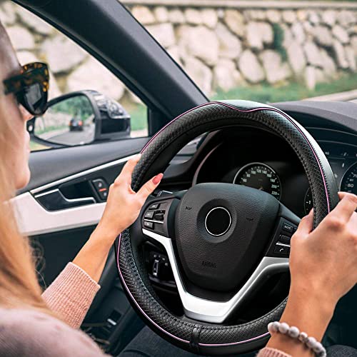 Rueesh Microfiber Leather Steering Wheel Cover Anti-Slip Matte Finish Auto Car Wheel Cover Universal 15 Inch Wheel Cover for Car Embossing Pattern (Pink Line) - color: Pink Line