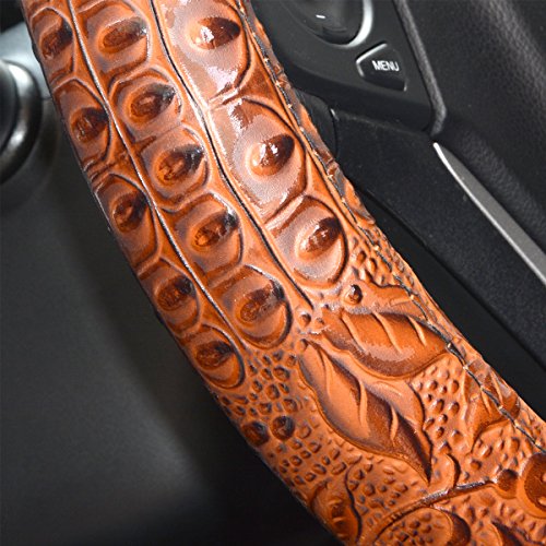 Car Steering Wheel Cover Universal 15 inch Auto Antislip Leather Protector Flower Grain Brown - color: Brown