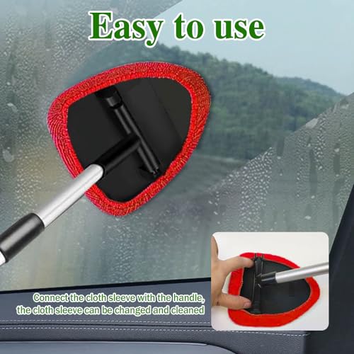 Windshield Cleaning Tool, Car Window Cleaner with 4 Washable Reusable Microfiber Pads, Auto Interior Exterior Extendable Long Handle Glass Wiper Cleaning Kit Universal for Office and Home (Red) - color: Red
